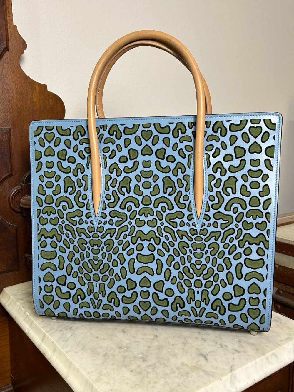 Christian Louboutin Paloma Large Blue Leopard Laser Cut Tote